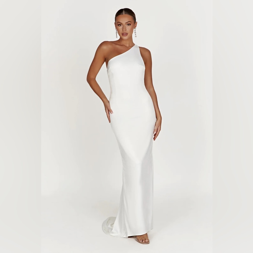One shoulder white gown